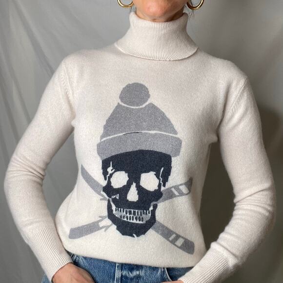 360 Cashmere skull ski sweater turtleneck 100% cashmere wool ivory grey apres S - Picture 1 of 17